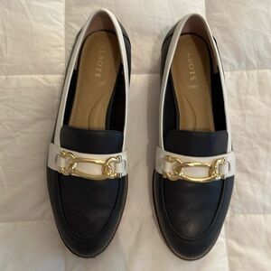 Talbots navy and white loafers with gold chain